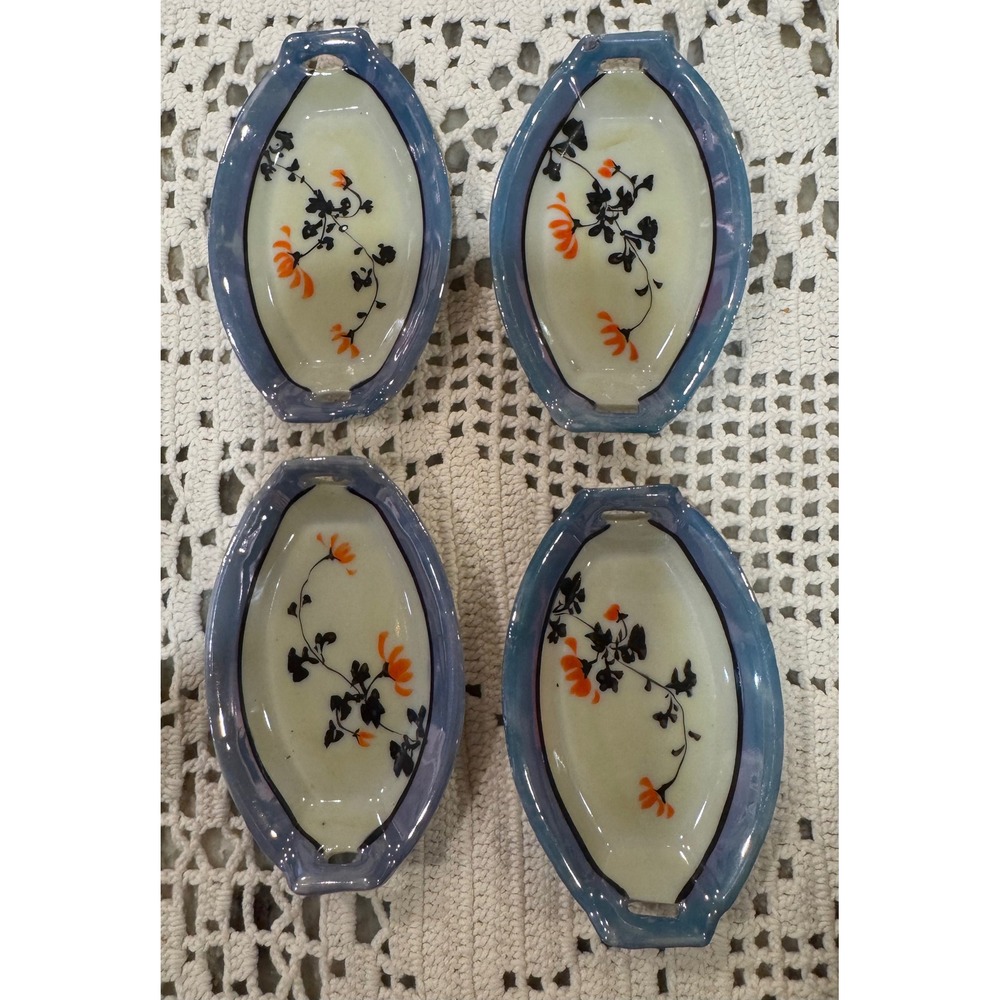 Vintage Japanese Lusterware Floral Salt Cellars Blue Orange Porcelain Set of 4